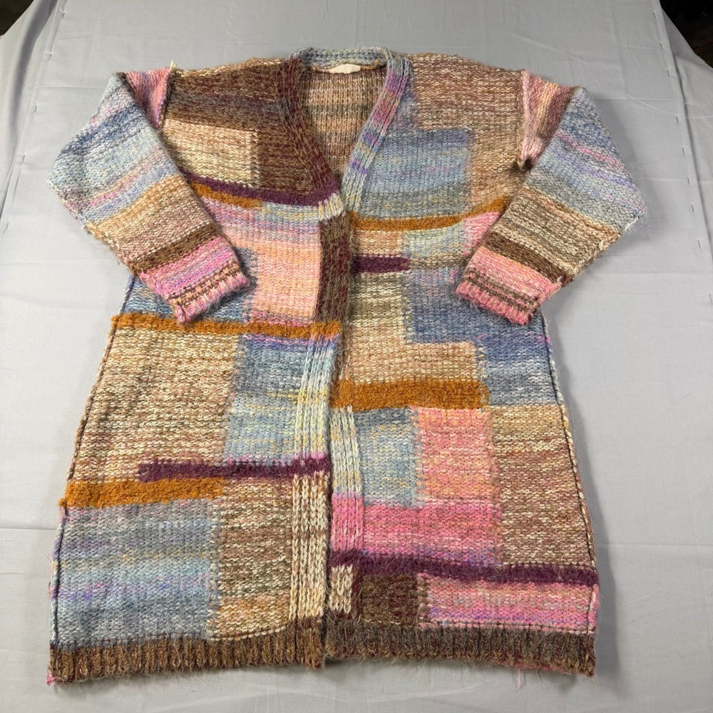 Lovestitch Patchwork Knit Longline Cardigan Multi-Color Open Front Sweater S